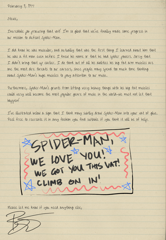 Illustration for article titled These Letters Between David Bowie And Stevie Wonder Show That They Thought Spider-Man Was The No. 1 Threat To Their Careers
